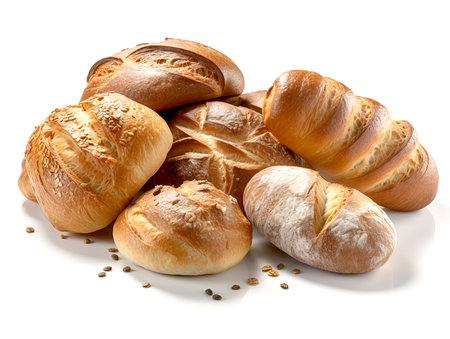Bread assortment isolated on white background. Fresh bread with sesame seeds. Close up.の素材