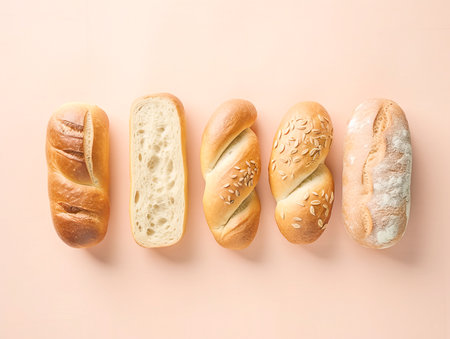 Bread assortment isolated on pink background. Fresh bread with sesame seeds. Close up.の素材