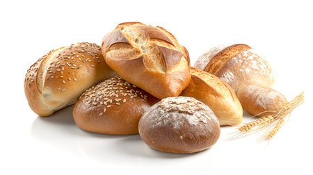Bread assortment isolated on white background. Fresh bread with sesame seeds. Close up.の素材