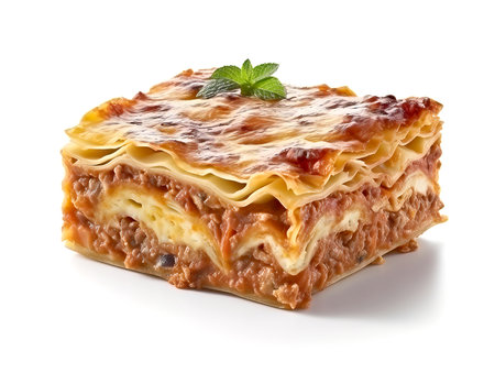 Lasagna isolated on white background. Close up.の素材