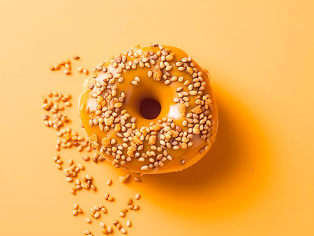 Donut with icing sugar on orange background. Close up.の素材