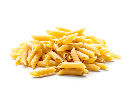 Italian penne isolated on a white background. Dry uncooked pasta.の素材