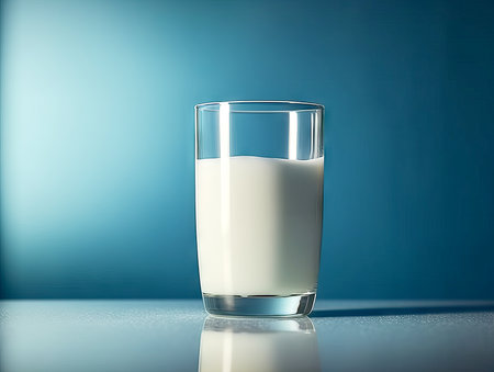 Two glasses of milk on a blue background. Close up.の素材