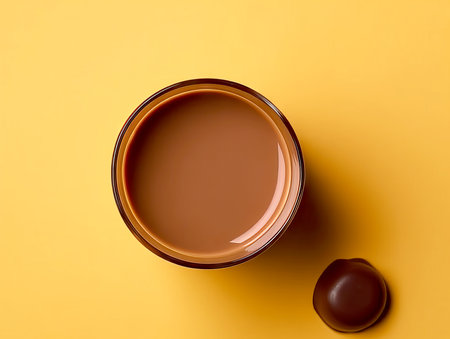 Glass of chocolate milk with chocolate pieces and coffee beans on yellow background. Close up.の素材