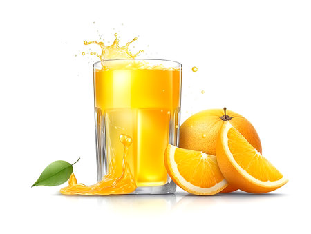 Glass of orange juice with slice of orange isolated on white background. Close up.の素材