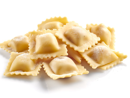 Italian ravioli isolated on a white background. Dry uncooked pasta.の素材