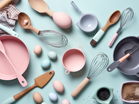 Pastel abstract kitchen tools on pastel background. Minimal pastel concept.の素材