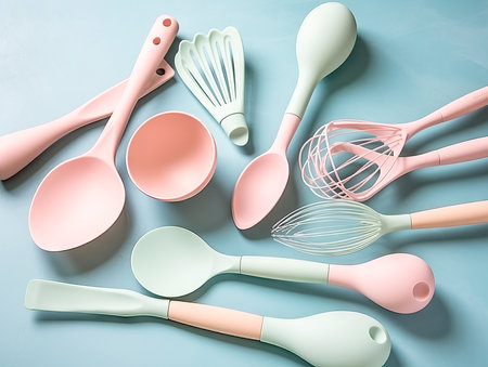 Pastel abstract kitchen tools on pastel background. Minimal pastel concept.の素材