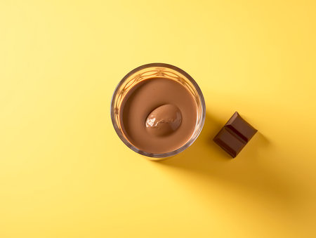 Glass of chocolate milk with chocolate pieces and coffee beans on yellow background. Close up.の素材
