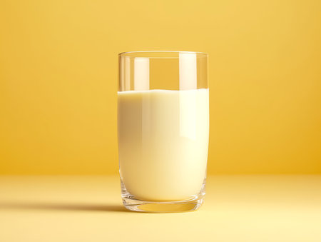 Glass of milk on a yellow background. Close up.の素材