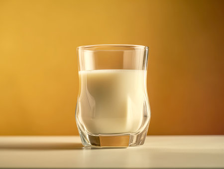 Glass of milk on a yellow background. Close up.の素材