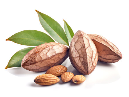 Almond nuts with leaves isolated on white background. Close up.の素材