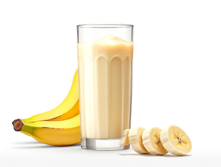 Banana milkshake in glass with fresh bananas on white marble table. Close up.の素材