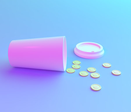3d illustration of coffee cup and coin pastel futuristic color. Minimal style.の写真素材