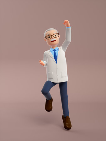 3d illustration of a cartoon character in a lab coat and glassesの写真素材
