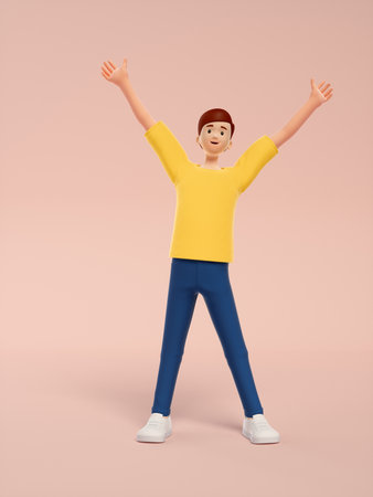 3d illustration of cartoon character in yellow sweater with hands up.の写真素材