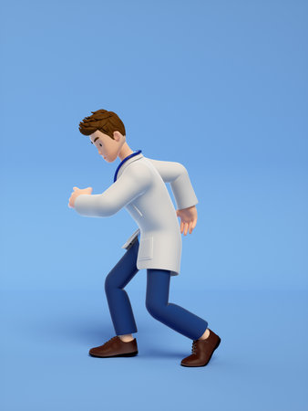 3d illustration of a cartoon character in a white coat walking.の写真素材