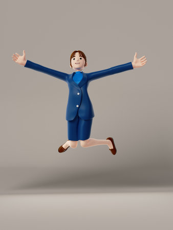 3d illustration of cartoon character in business suit jumping with hands upの写真素材