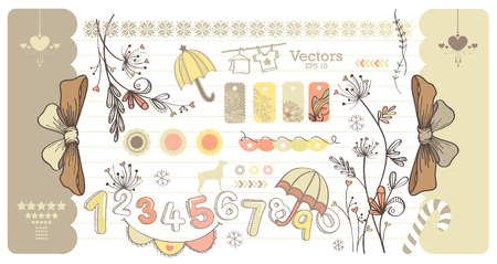 Vintage Ribbon Drawing With cute Flower, alphabet and tag labelのイラスト素材