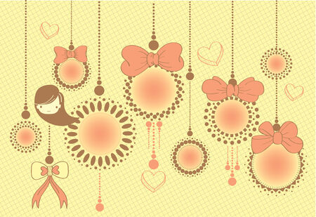 Cute Round Flower Hanging Tag With Ribbon on cream backgroundのイラスト素材