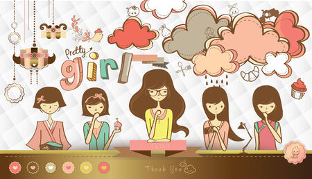 Set of Girls illustration with cute drawing backgroundのイラスト素材