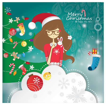 Cute Merry Christmas Tree Decoration With Christmas Girlのイラスト素材