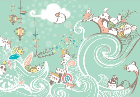 Drawing of Waves Line And Cute doodlesのイラスト素材