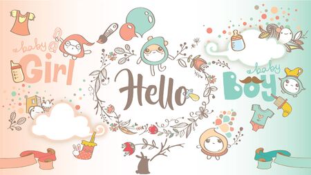 Cute Cartoon and Flower hand Drawing For Baby Girl and Baby Boyannのイラスト素材