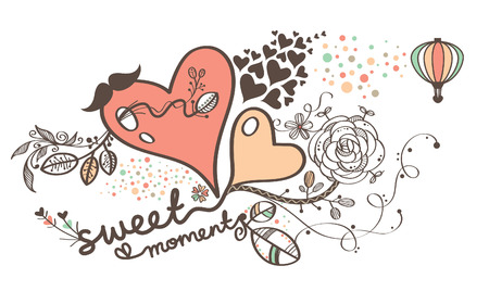 Couple Love Shape Heart With Flower Surrounding and Sweet Moment Wordingのイラスト素材
