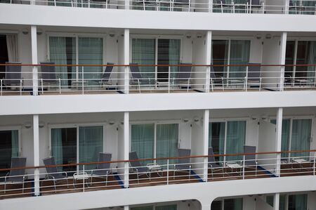 detail of a cruise ship, view on the balconies of the outside cabinesの写真素材