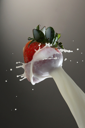 Milk splashing on a strawberryの写真素材