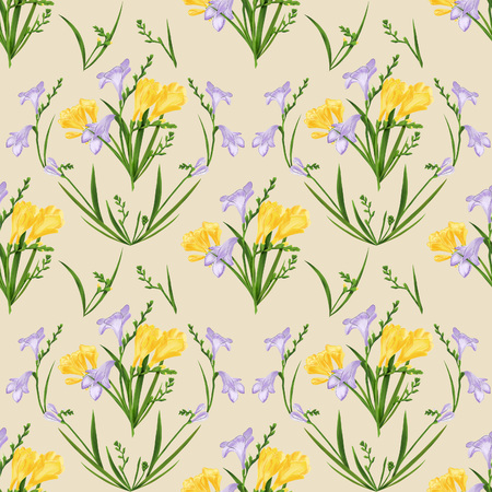 Seamless pattern with colorful freesias and grasses. Fabric wallpaper print texture on beige background.の写真素材