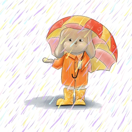 Cute rabbit under umbrella. Illustration of cartoon brown hare.の写真素材