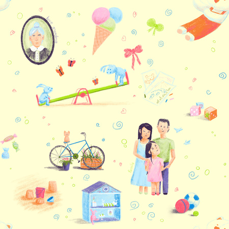 Painted by hand in doodle style seamless pattern on the theme of childhood. illustration for children design.の写真素材