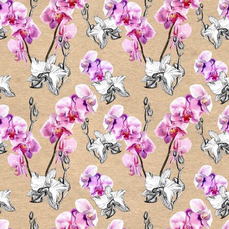 Seamless floral pattern with hand drawn orchids on paper textured backgroundの写真素材