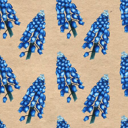 Seamless herbal pattern with watercolor blue field flowers of muscari on paper textured background. Ornament of large branchesの写真素材