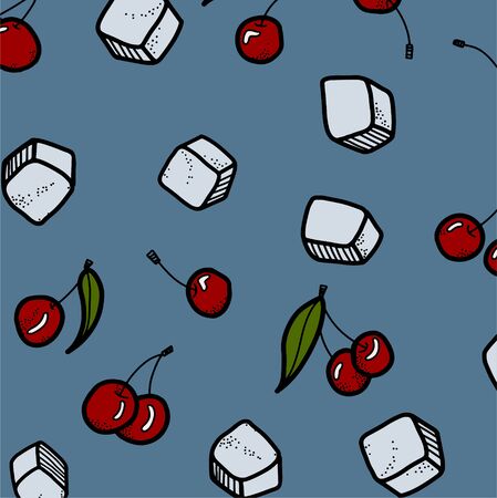 Fresh cherry hand drawn background. Doodle wallpaper vector. Colorful seamless pattern with berries and iceのイラスト素材