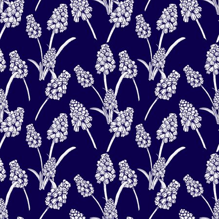 Seamless pattern with realistically painted ink Muscari flowers. Hand drawn illustration on blue backgroundの写真素材