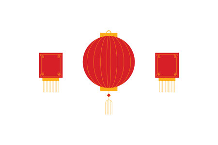 Illustration of three red Chinese lanterns with gold accents on a white background, arranged in a minimalist styleのイラスト素材