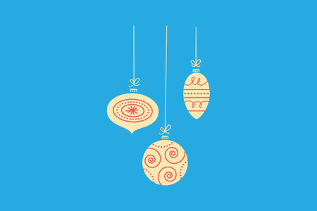 Three decorative Christmas ornaments hanging on strings against a bright blue background.のイラスト素材