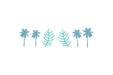 Minimalistic illustration featuring two sets of palm trees flanking stylized green leaves on a white background.のイラスト素材