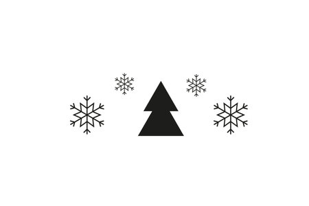 Minimalist black and white design featuring a simple triangular Christmas tree at the center, surrounded by symmetrical snowflakesのイラスト素材