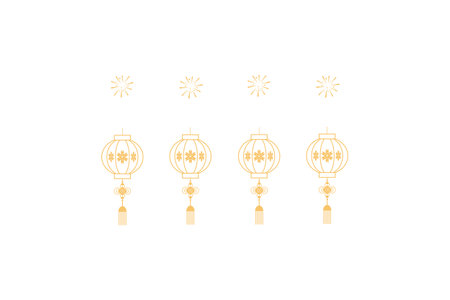 Set of four golden traditional Chinese lanterns with decorative fireworks above, isolated on a white background.のイラスト素材