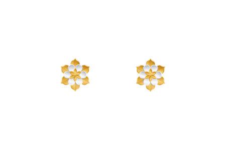 Two identical, stylized floral motifs with gold and white petals, symmetrically aligned against a plain white backgroundのイラスト素材