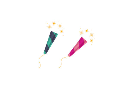 Illustration of two colorful party poppers releasing yellow sparkles, isolated on a white background.のイラスト素材
