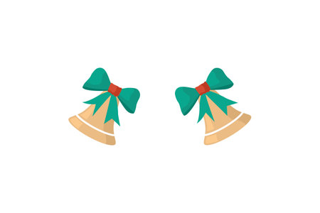 Festive icon of two golden Christmas bells decorated with green bows and red accents.のイラスト素材