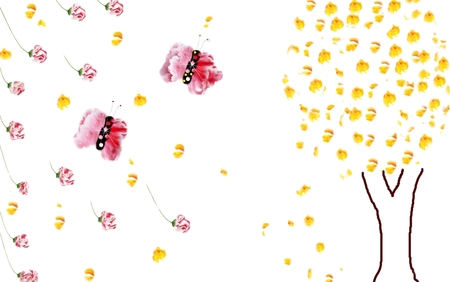Flower backgrounds , butterflies & yellow tree on right.の写真素材