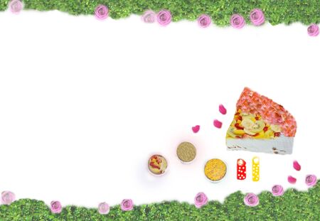 Birthday background, rose lobes and cute cup cake.の写真素材