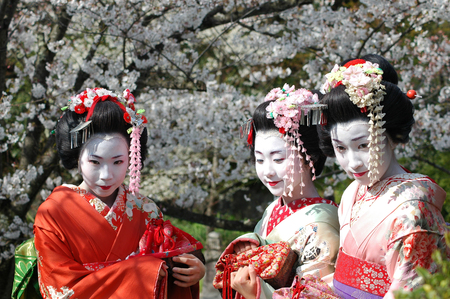 Kamishichiken Kyoto, Japan-April 03,2009 Maiko has attent to Baika-sai Festival also Baien Ume Gardenのeditorial素材