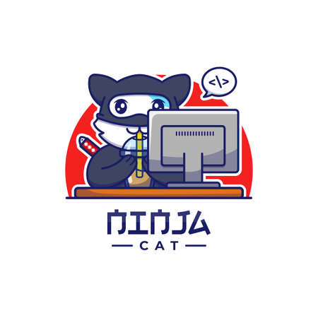 Cute ninja cat drinking a cup of coffeeのイラスト素材